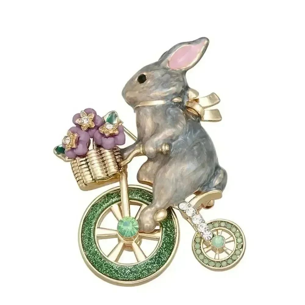 New Napier Rabbit on Bicycle Brooch with Pink Flowers and Green Wheels